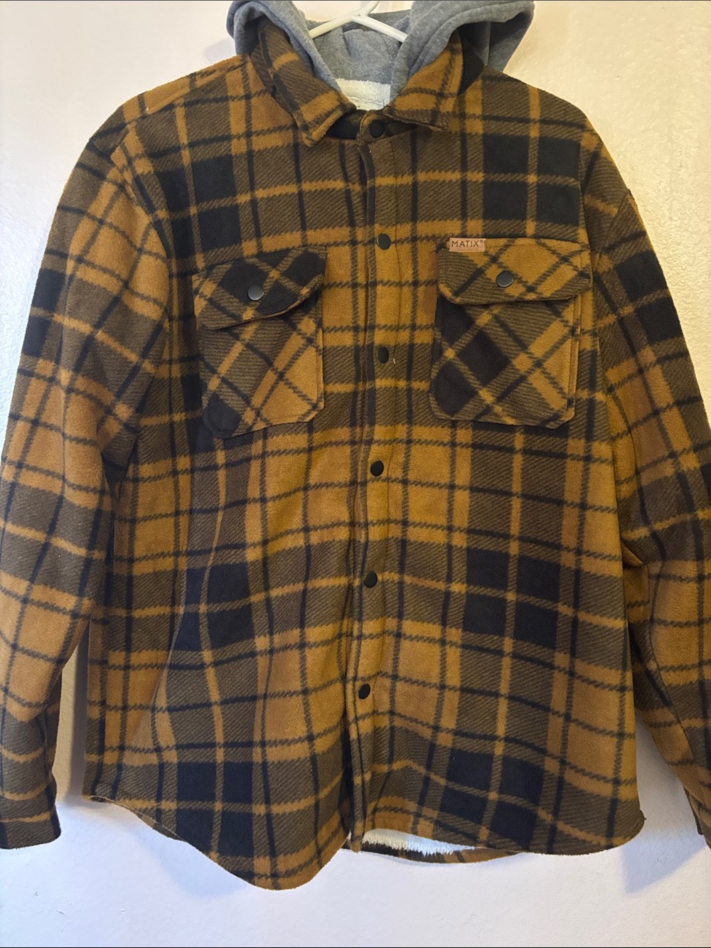 Matix Men’s Black and Brown Plaid Faux Shearling Lined Jacket, Size M
